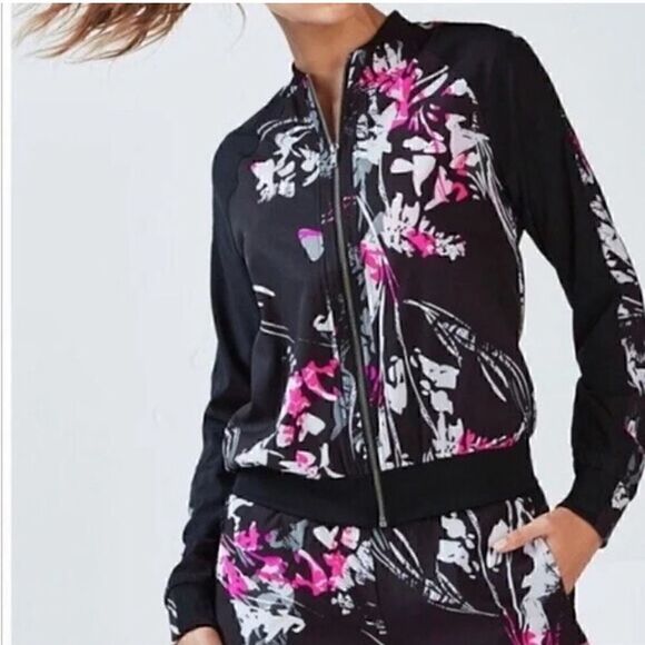 FABLETICS Bomber Jacket Black & Pink Floral Full Zip Jacket Women’s Size XS. - Picture 1 of 5